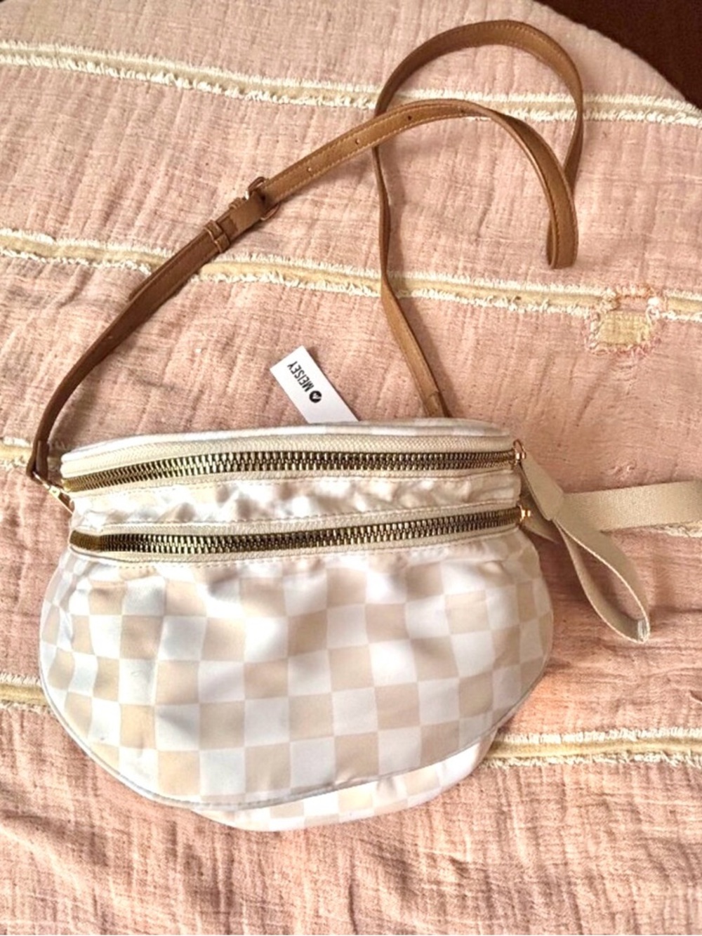 Meisey Tan White Checkered Nylon Fanny Pack Belt Bag Crossbody NWT⁠